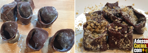 Tortelli al cacao ripieni di ricotta e noci